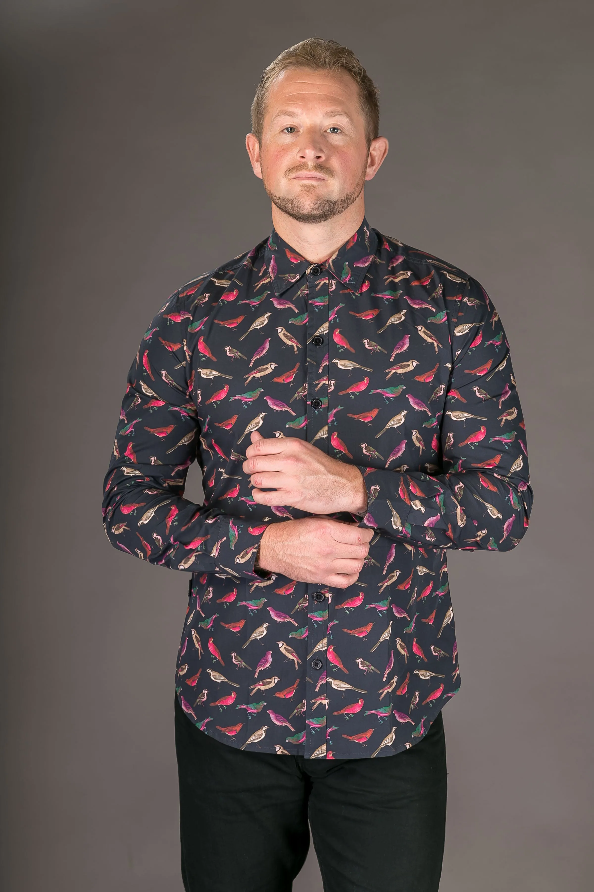 Birds Navy Blue Print Cotton Slim Fit Mens Shirt Long Sleeve