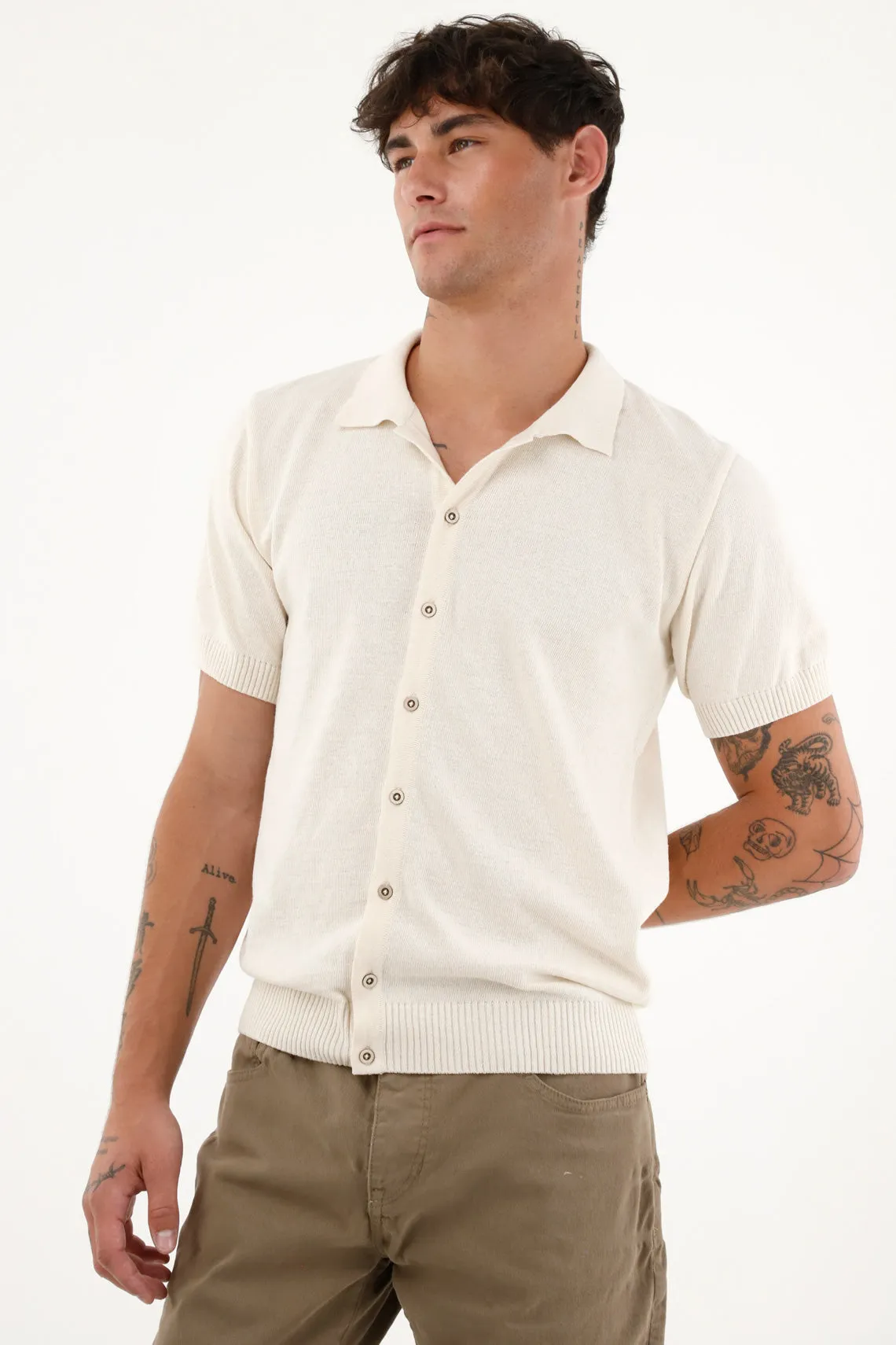 Camisa tipo polo tejida crudo para hombre