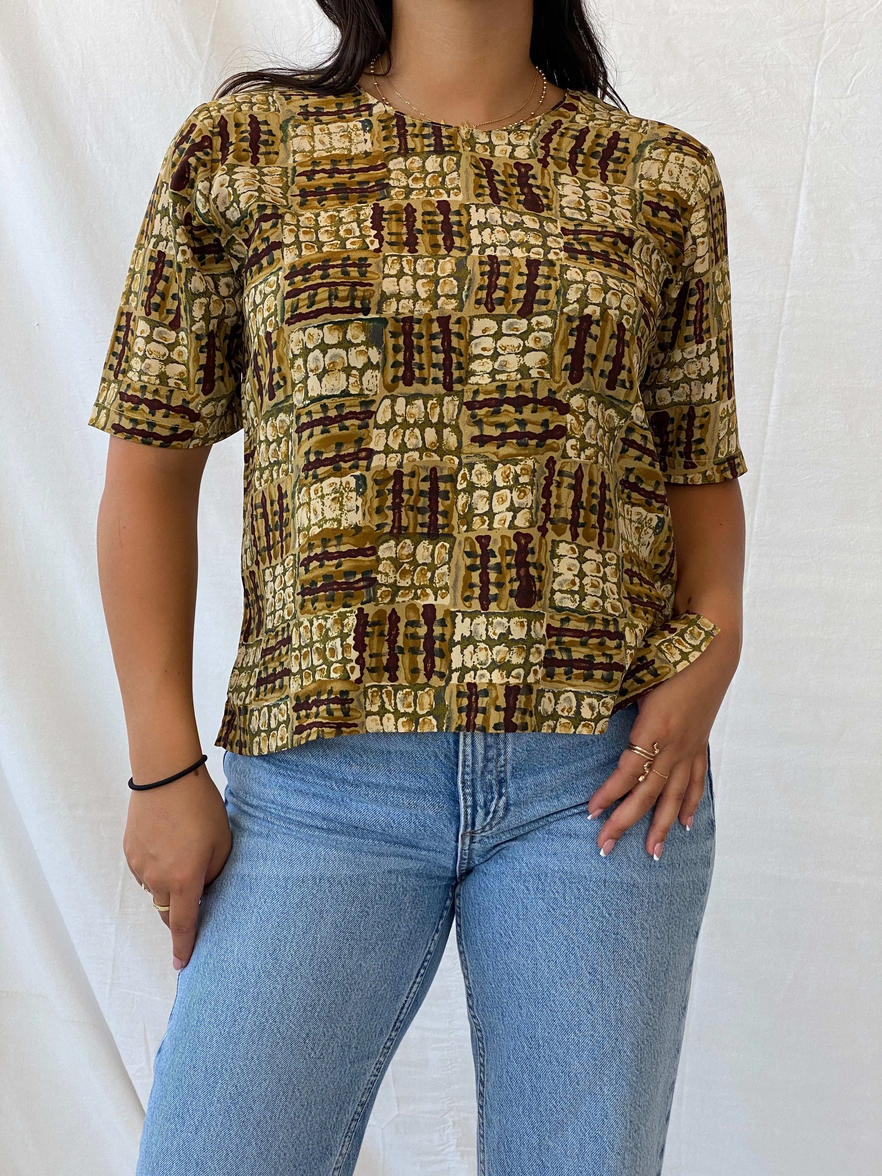 Earth-Tone African Mud Cloth Half-Sleeve Top - M