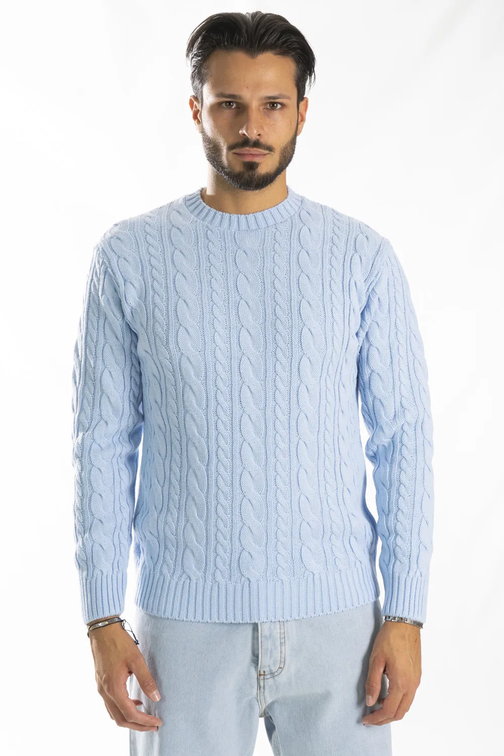 Maglione Lana Uomo Con Trecce Girocollo Pullover Art. Mg121