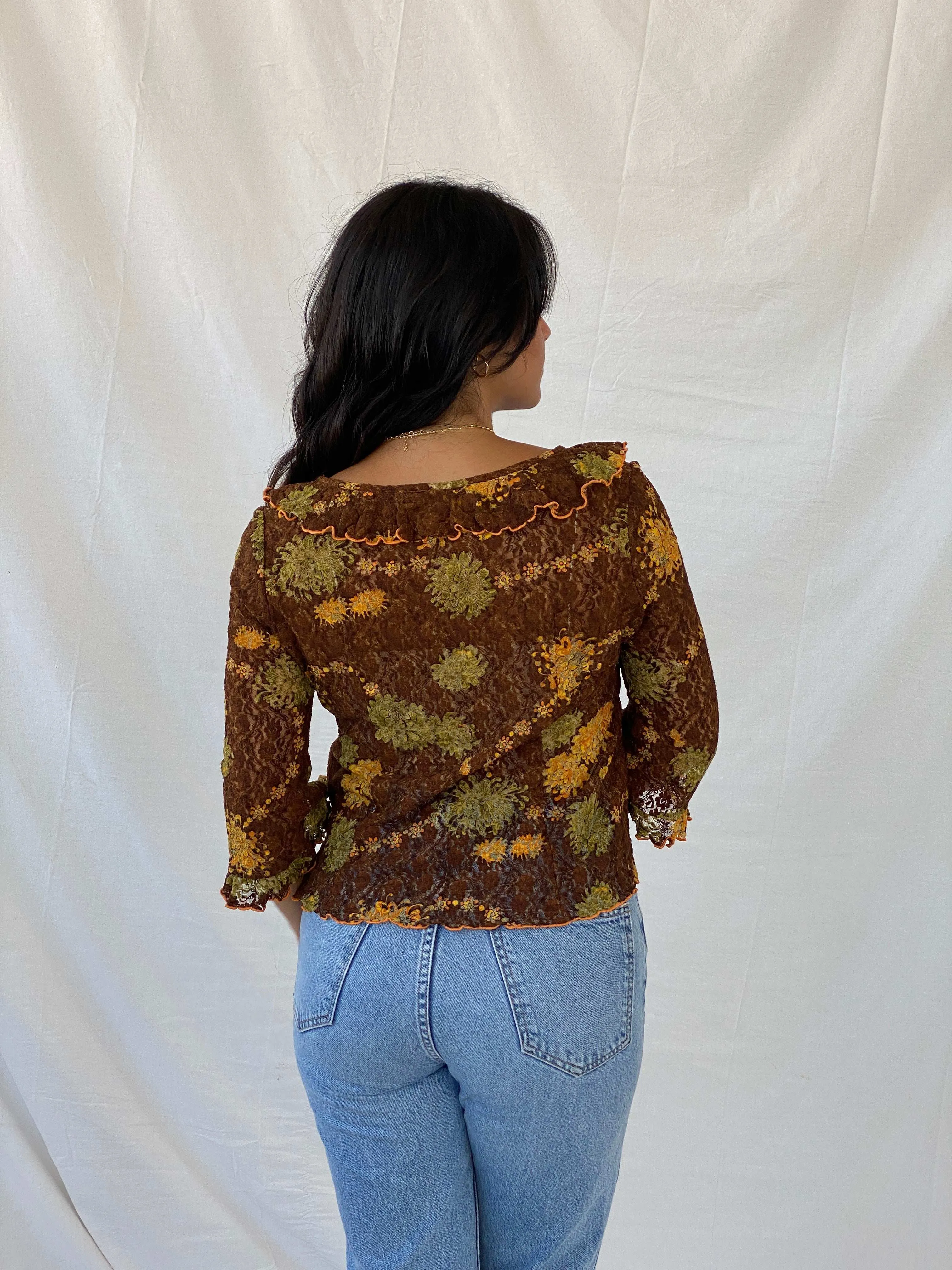 Vintage Handmade Lace Floral Brown 3/4 Sleeve Top - M