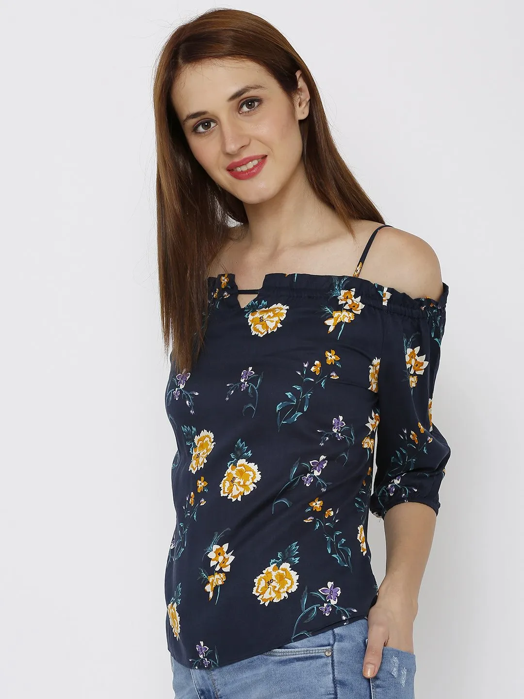 Women Floral Print Strappy Cold-Shoulder Top