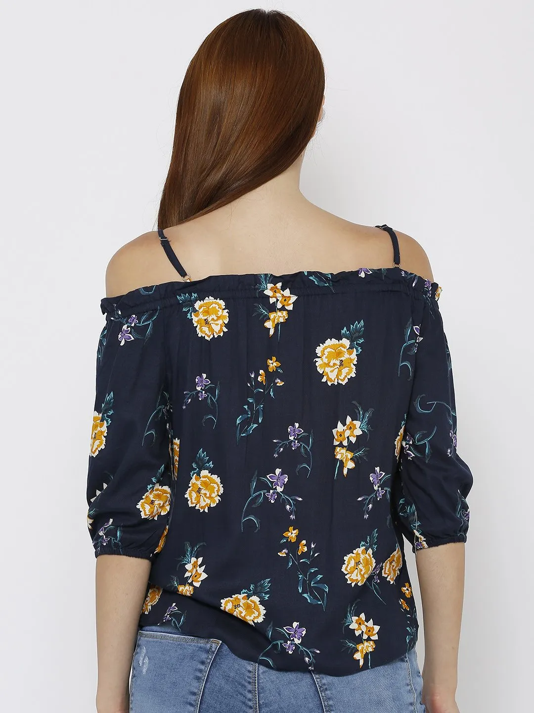 Women Floral Print Strappy Cold-Shoulder Top