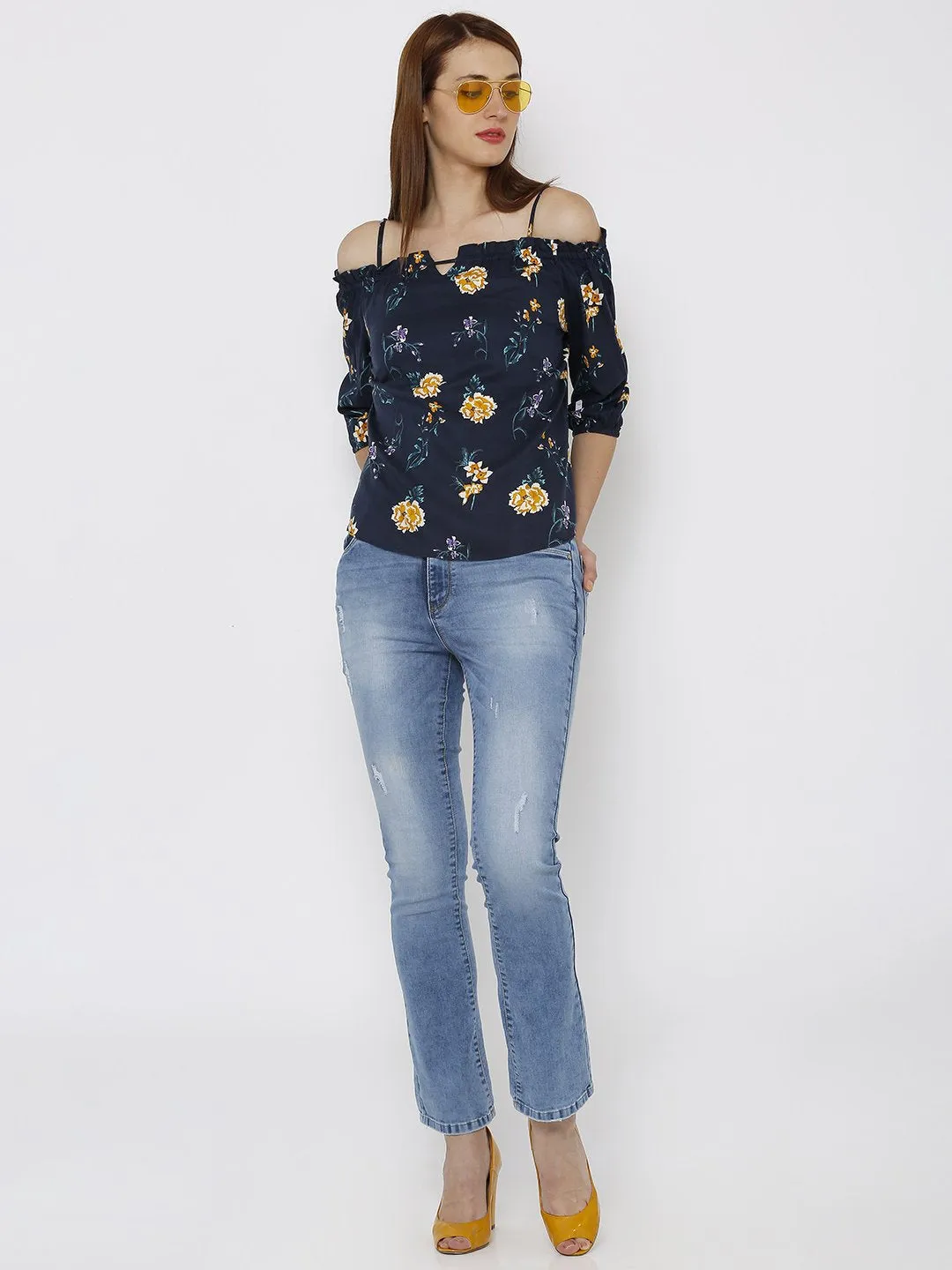 Women Floral Print Strappy Cold-Shoulder Top